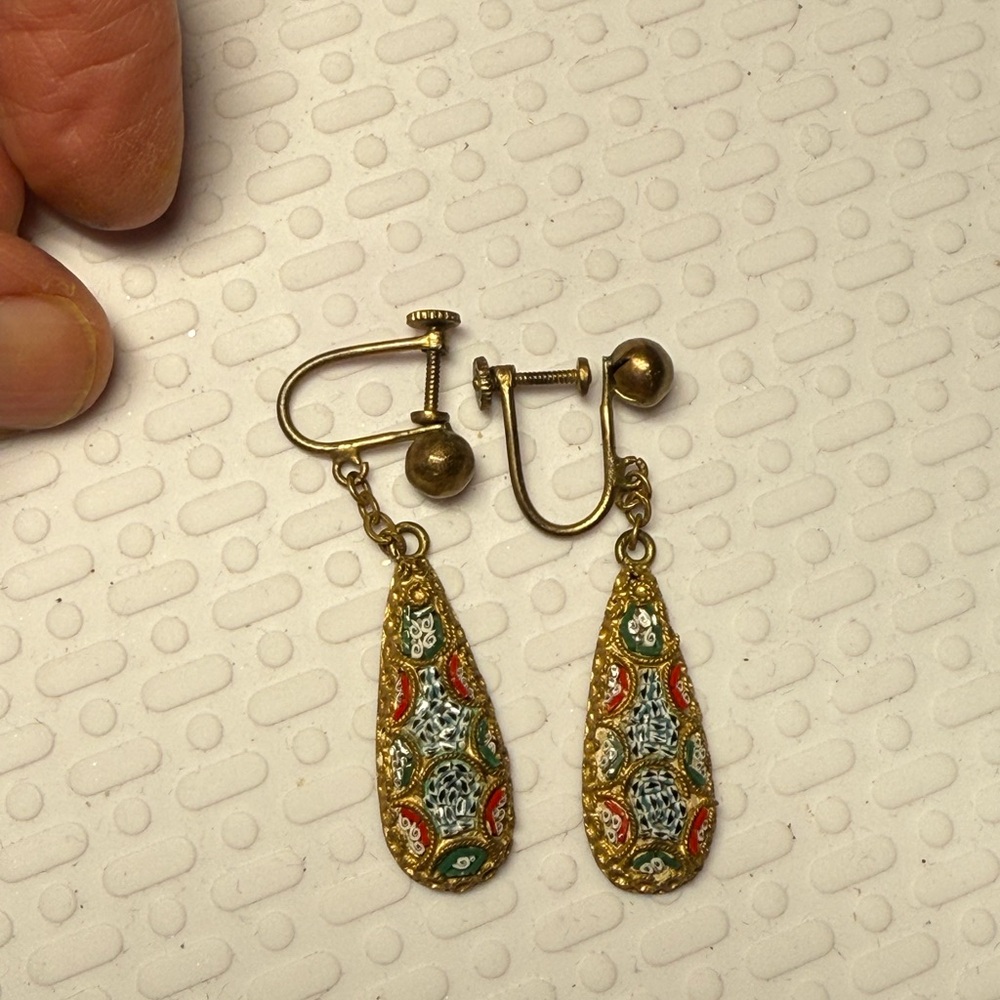 66.) Micro mosaic screw back Vintage Gold and Multicolor Dangle Earrings